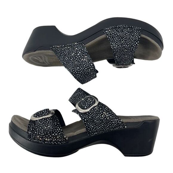 Dansko Womens Wedge Sandals Slip On Leather Shagreen Metallic Black Size 38 - Picture 1 of 16